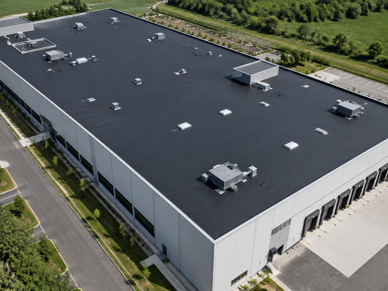 Industrieel gebouw met nieuw plat dak van bovenaf